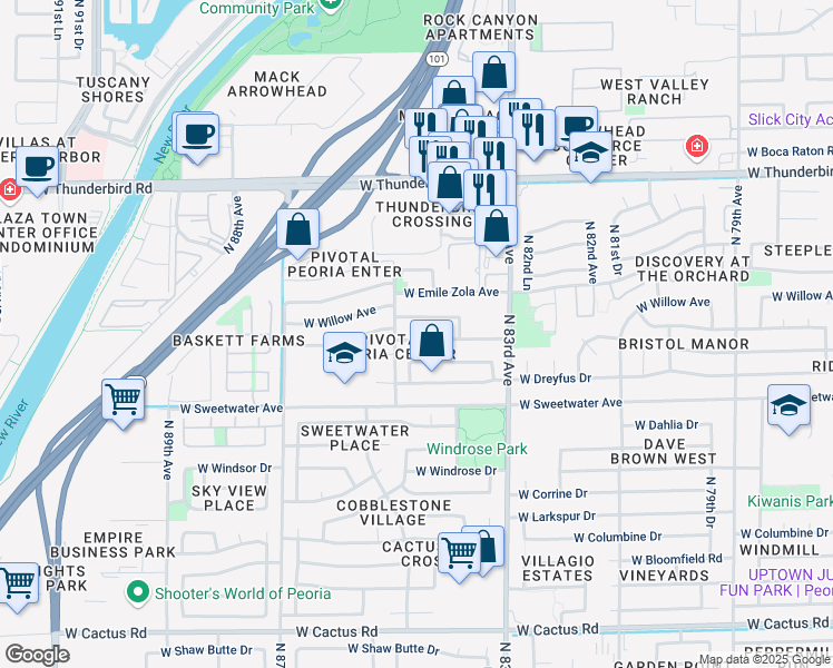 map of restaurants, bars, coffee shops, grocery stores, and more near 8431 West Pershing Avenue in Peoria