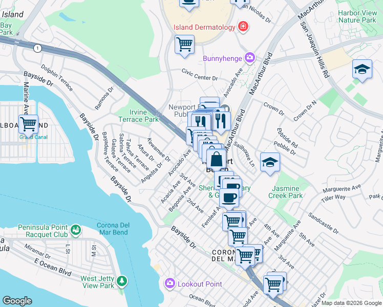 map of restaurants, bars, coffee shops, grocery stores, and more near 701 1/2 Acacia Avenue in Newport Beach