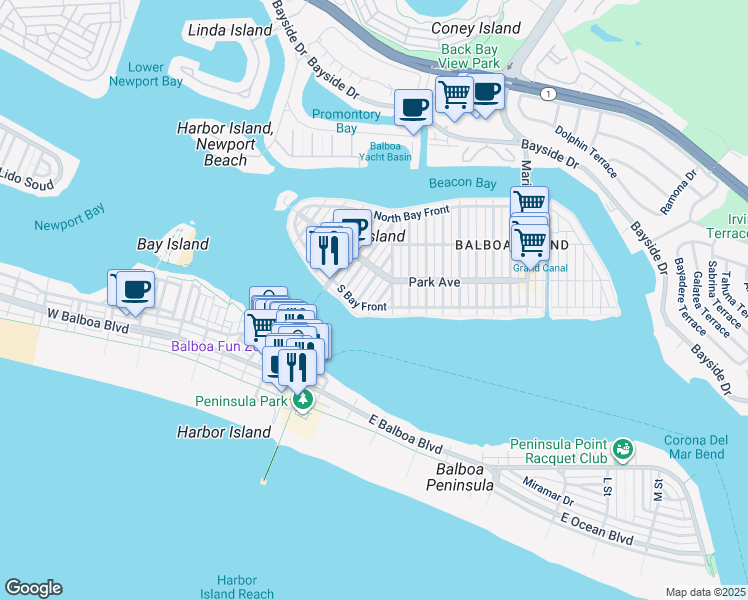 map of restaurants, bars, coffee shops, grocery stores, and more near 528 South Bay Front in Newport Beach