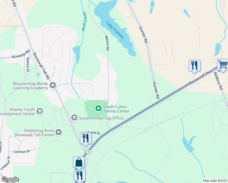 map of restaurants, bars, coffee shops, grocery stores, and more near 5510 Mason Road in Atlanta