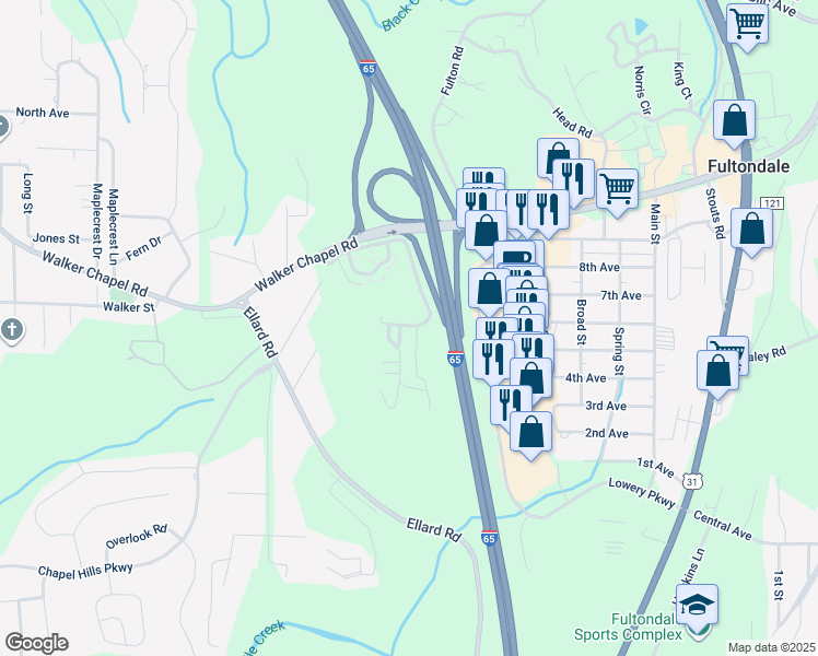 map of restaurants, bars, coffee shops, grocery stores, and more near 3581 Stoney Brook Drive in Fultondale