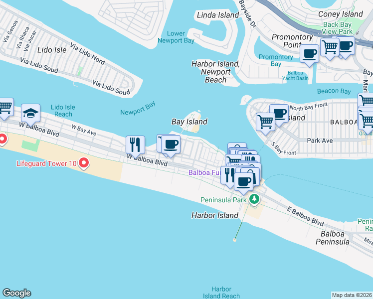 map of restaurants, bars, coffee shops, grocery stores, and more near 312 Anade Avenue in Newport Beach