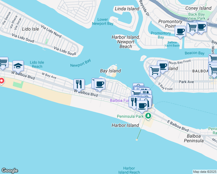 map of restaurants, bars, coffee shops, grocery stores, and more near 104 East Bay Avenue in Newport Beach