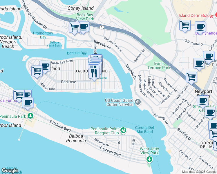 map of restaurants, bars, coffee shops, grocery stores, and more near 112 Abalone Avenue in Newport Beach