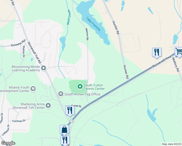 map of restaurants, bars, coffee shops, grocery stores, and more near 5510 Mason Road in Atlanta