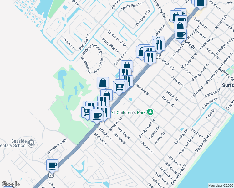 map of restaurants, bars, coffee shops, grocery stores, and more near 1040 U.S. 17 Business in Surfside Beach