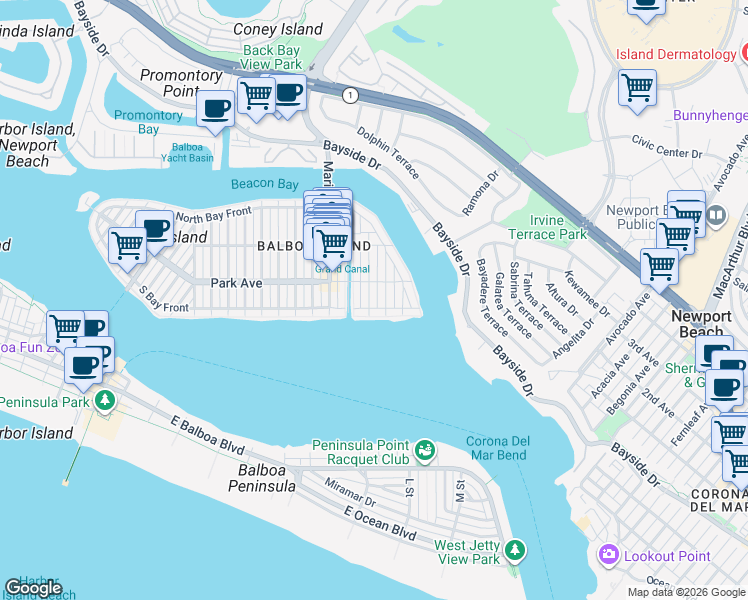 map of restaurants, bars, coffee shops, grocery stores, and more near 112 Abalone Avenue in Newport Beach