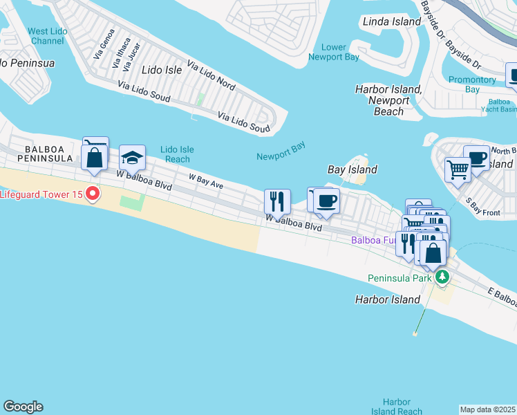map of restaurants, bars, coffee shops, grocery stores, and more near 806 West Balboa Boulevard in Newport Beach