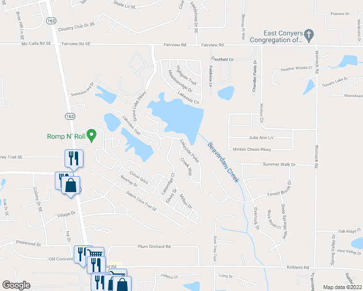 map of restaurants, bars, coffee shops, grocery stores, and more near 120 Lakeside Point in Covington