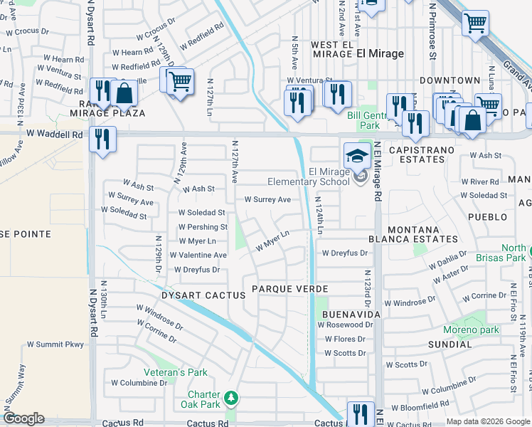 map of restaurants, bars, coffee shops, grocery stores, and more near 13318 North 126th Avenue in El Mirage