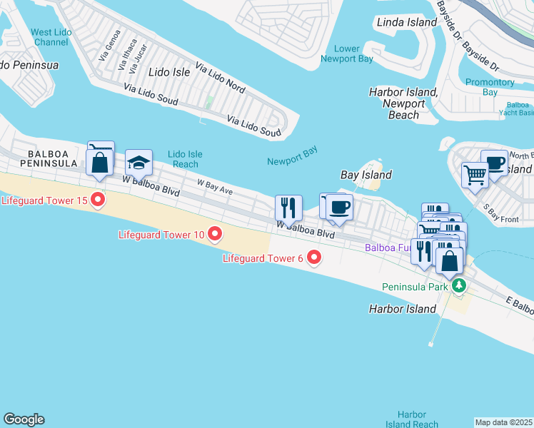 map of restaurants, bars, coffee shops, grocery stores, and more near 808 West Balboa Boulevard in Newport Beach
