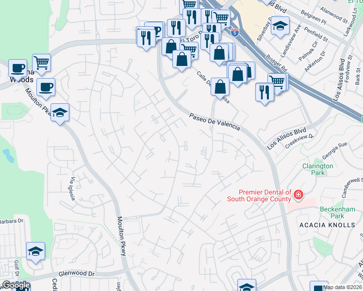 map of restaurants, bars, coffee shops, grocery stores, and more near 102 Calle Aragon in Laguna Woods