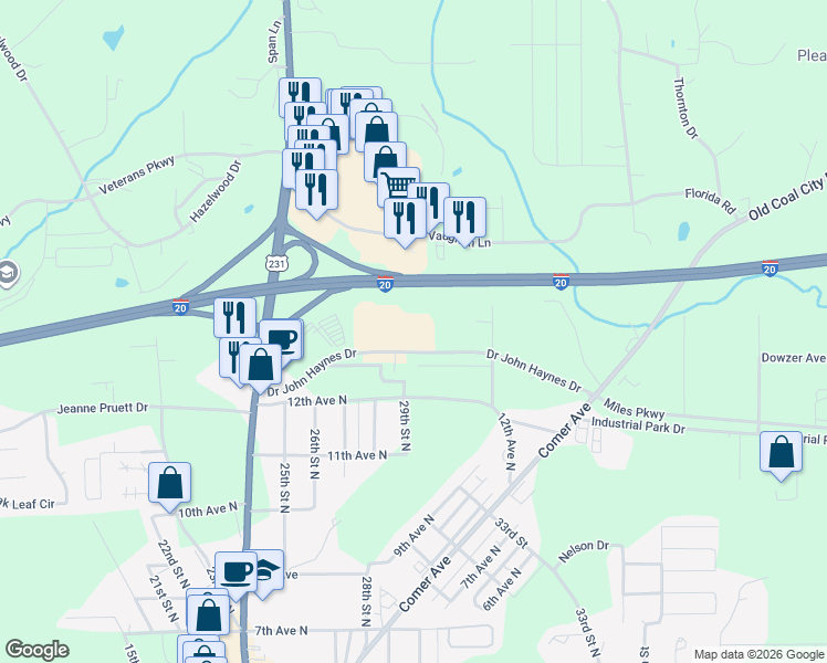 map of restaurants, bars, coffee shops, grocery stores, and more near 2811 Doctor John Haynes Drive in Pell City