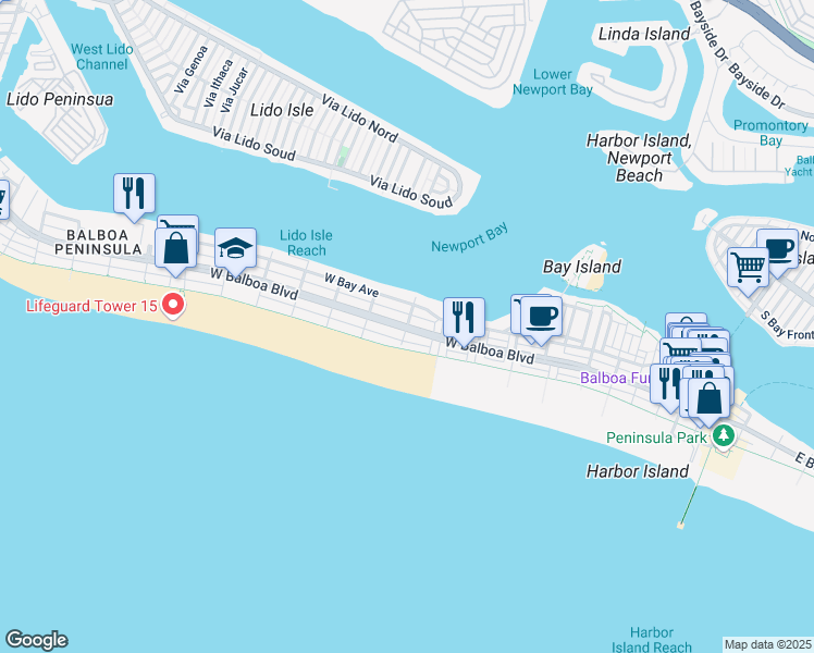 map of restaurants, bars, coffee shops, grocery stores, and more near West Balboa Boulevard & 9th Street in Newport Beach