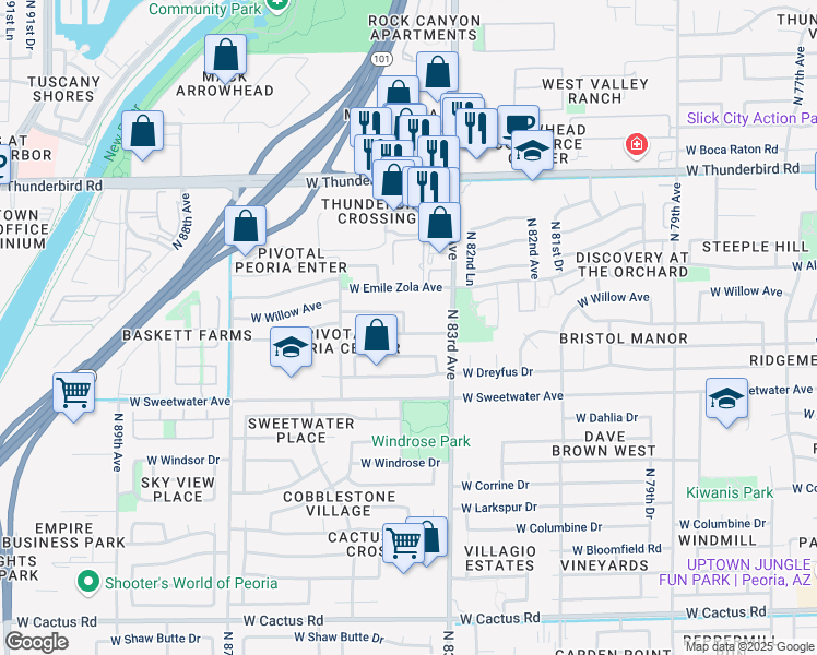 map of restaurants, bars, coffee shops, grocery stores, and more near 8341 West Pershing Avenue in Peoria