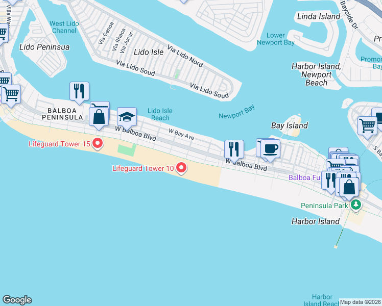 map of restaurants, bars, coffee shops, grocery stores, and more near 947 West Balboa Boulevard in Newport Beach