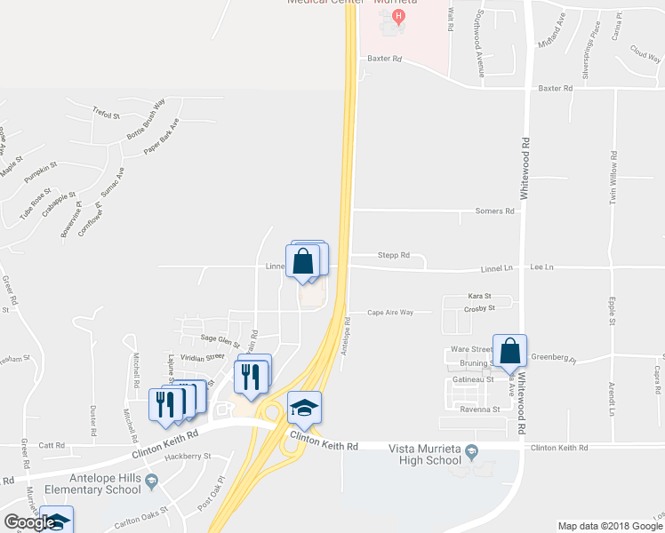map of restaurants, bars, coffee shops, grocery stores, and more near Linnel Lane in Murrieta