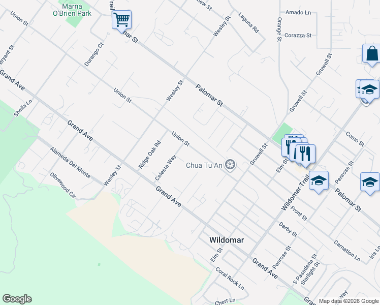 map of restaurants, bars, coffee shops, grocery stores, and more near 21165 Denise Court in Wildomar