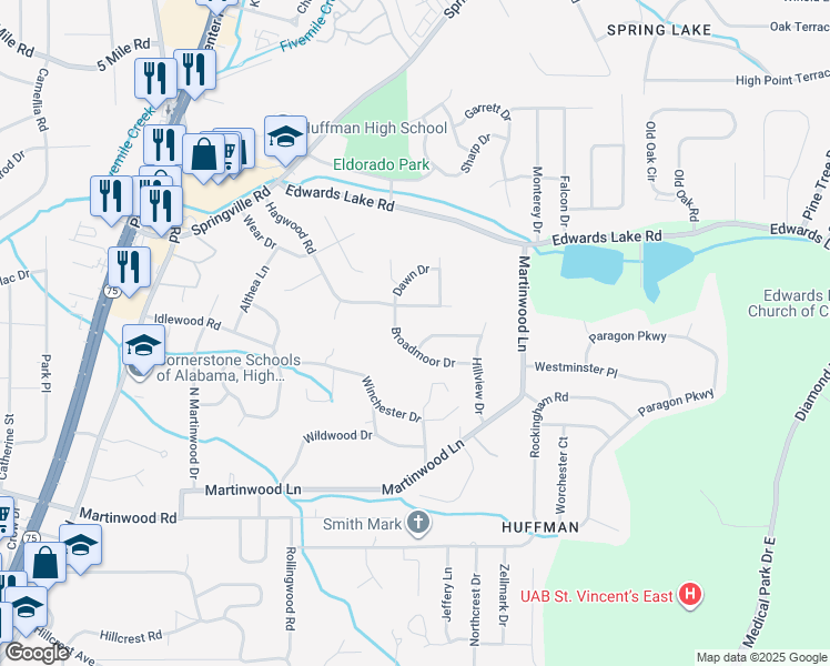 map of restaurants, bars, coffee shops, grocery stores, and more near 1004 Belle Meade Drive in Birmingham