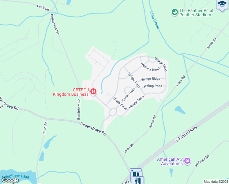 map of restaurants, bars, coffee shops, grocery stores, and more near 5881 Village Loop in Fairburn