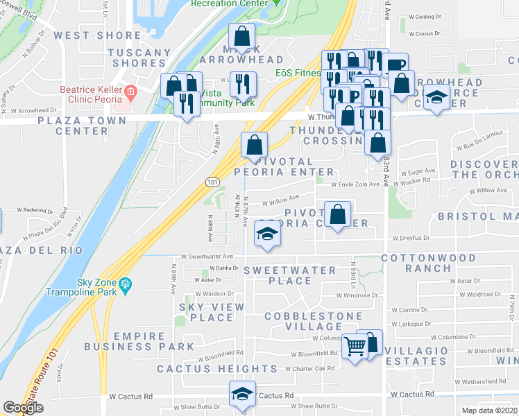 map of restaurants, bars, coffee shops, grocery stores, and more near 8639 West Willow Avenue in Peoria