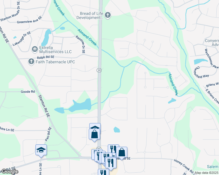 map of restaurants, bars, coffee shops, grocery stores, and more near 3180 Georgia 20 in Conyers