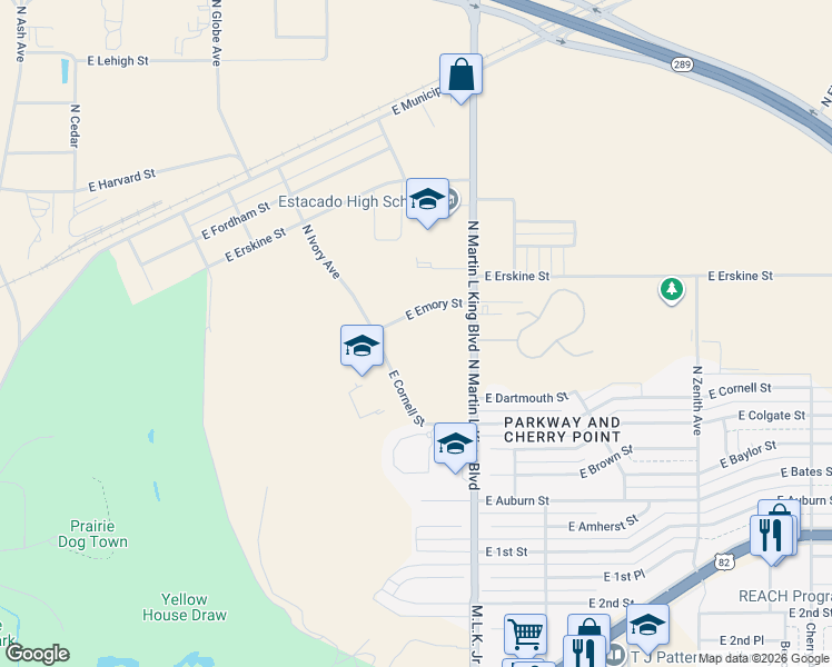 map of restaurants, bars, coffee shops, grocery stores, and more near 445-539 North Martin Luther King Boulevard in Lubbock