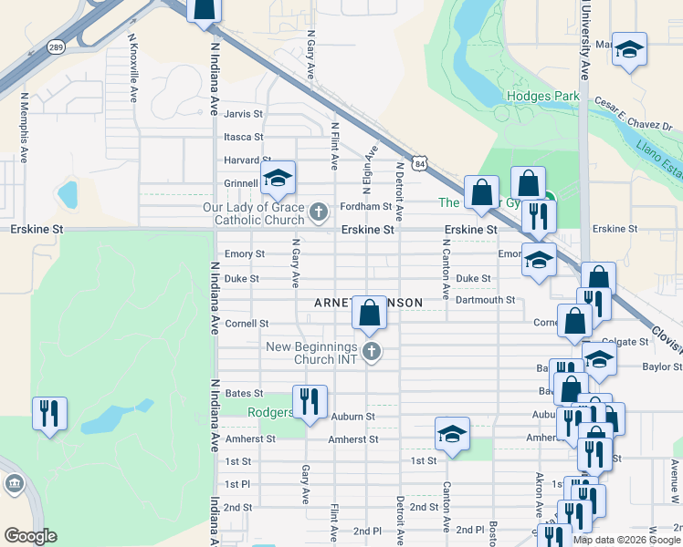 map of restaurants, bars, coffee shops, grocery stores, and more near 3009 Duke Street in Lubbock