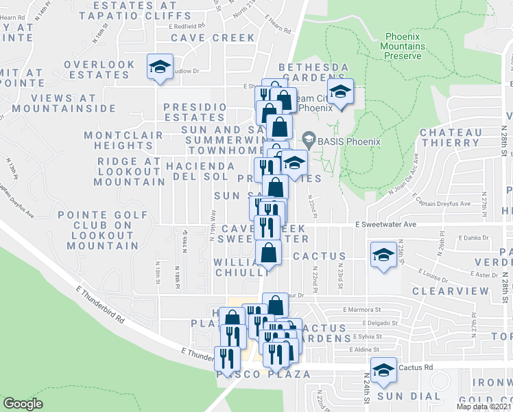 map of restaurants, bars, coffee shops, grocery stores, and more near 2106 East Sweetwater Avenue in Phoenix