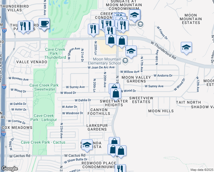 map of restaurants, bars, coffee shops, grocery stores, and more near 1926 West Wood Drive in Phoenix