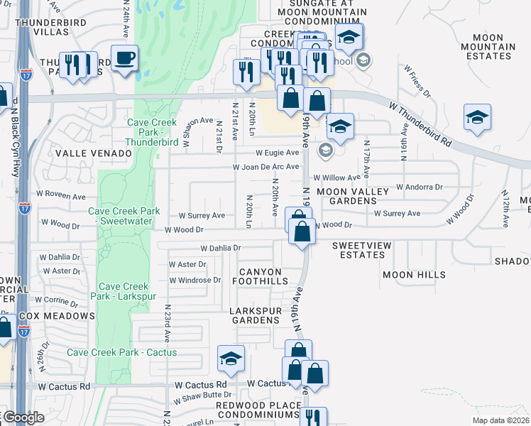 map of restaurants, bars, coffee shops, grocery stores, and more near 2026 West Wood Drive in Phoenix