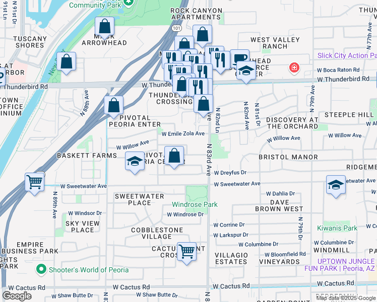 map of restaurants, bars, coffee shops, grocery stores, and more near 8341 West Pershing Avenue in Peoria