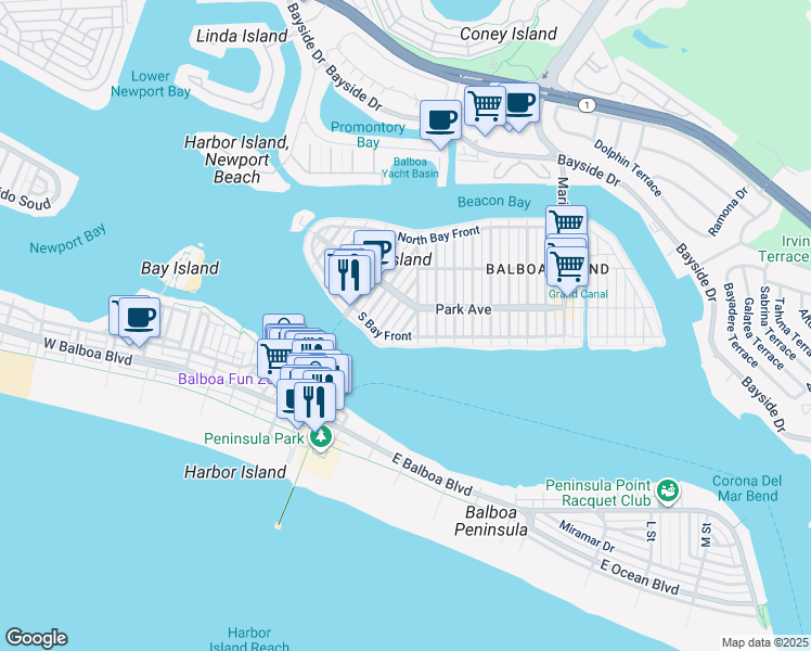 map of restaurants, bars, coffee shops, grocery stores, and more near 600 Collins Avenue in Newport Beach