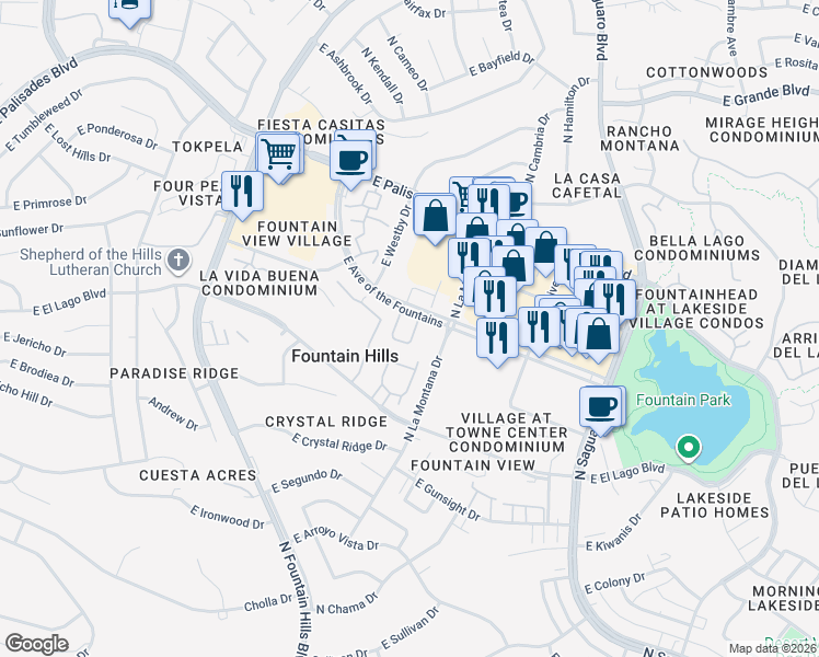map of restaurants, bars, coffee shops, grocery stores, and more near 16525 East Avenue of the Fountains in Fountain Hills