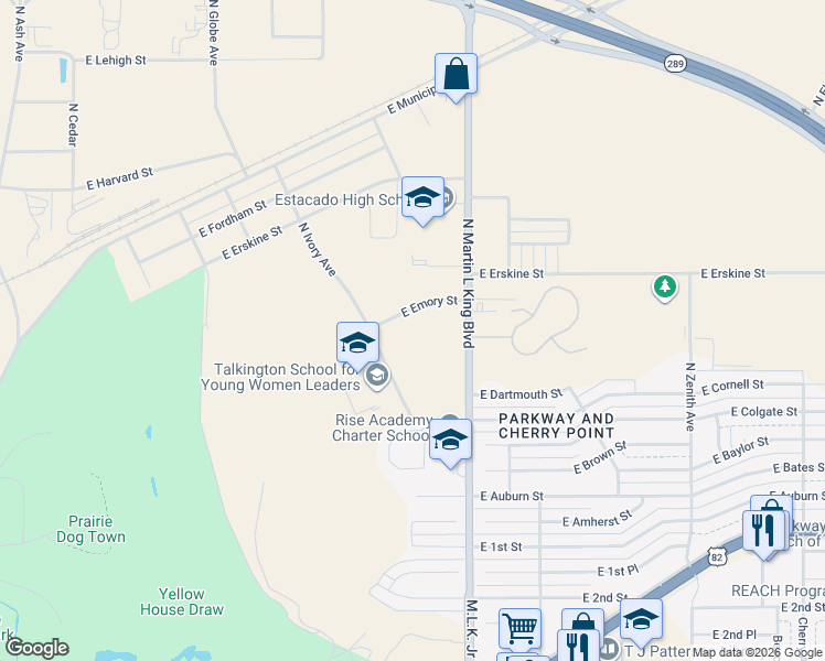 map of restaurants, bars, coffee shops, grocery stores, and more near 445-539 North Martin Luther King Boulevard in Lubbock