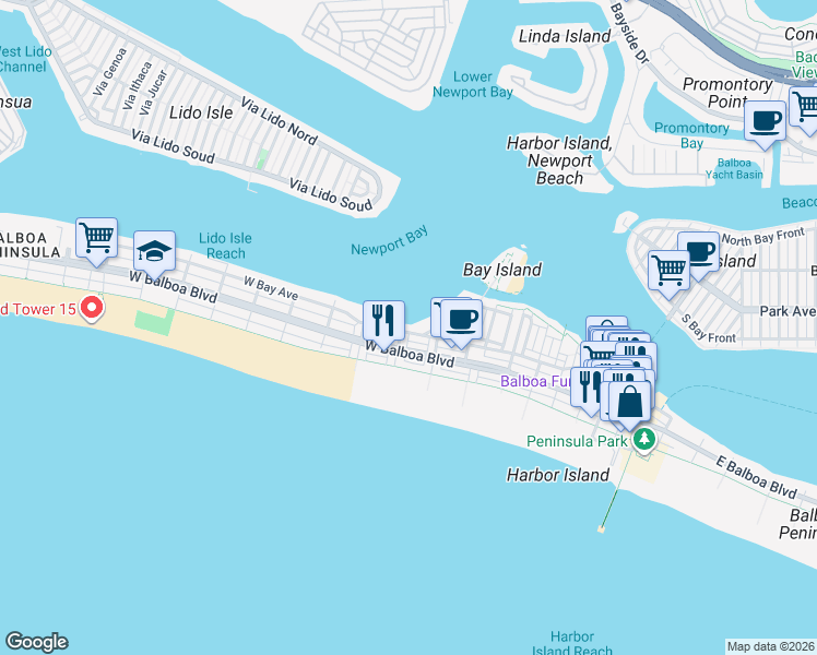 map of restaurants, bars, coffee shops, grocery stores, and more near 700 West Bay Avenue in Newport Beach