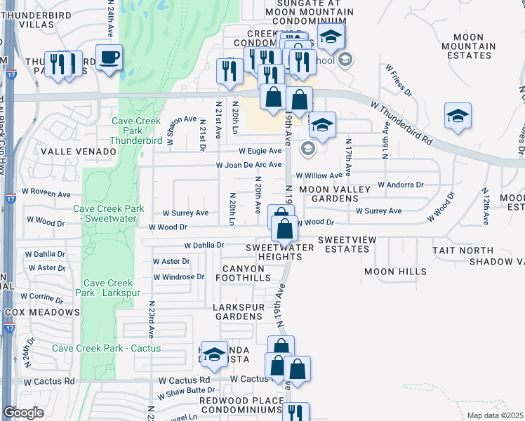 map of restaurants, bars, coffee shops, grocery stores, and more near 1926 West Wood Drive in Phoenix