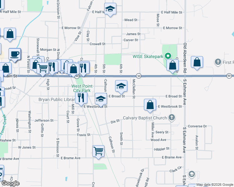 map of restaurants, bars, coffee shops, grocery stores, and more near 700-898 East Broad Street in West Point