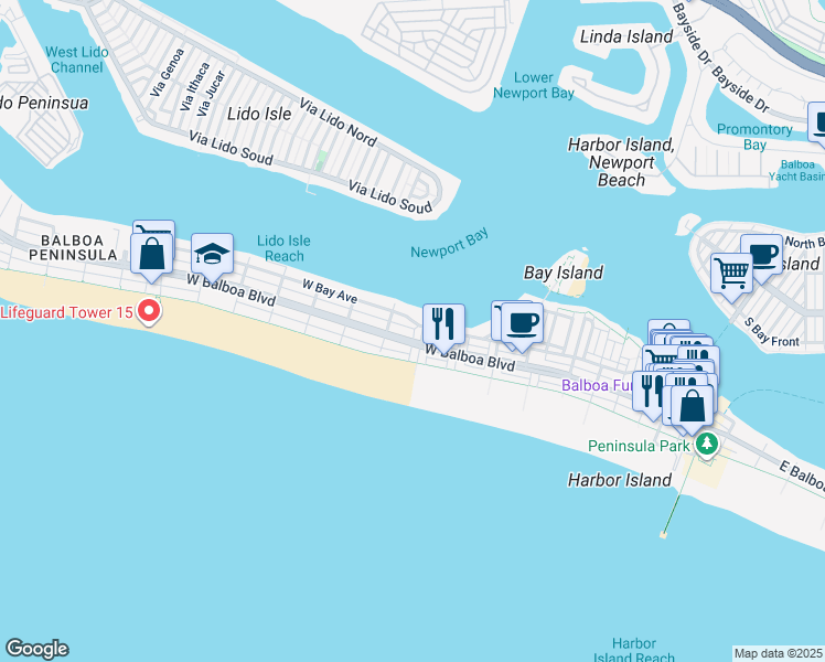 map of restaurants, bars, coffee shops, grocery stores, and more near 806 West Balboa Boulevard in Newport Beach