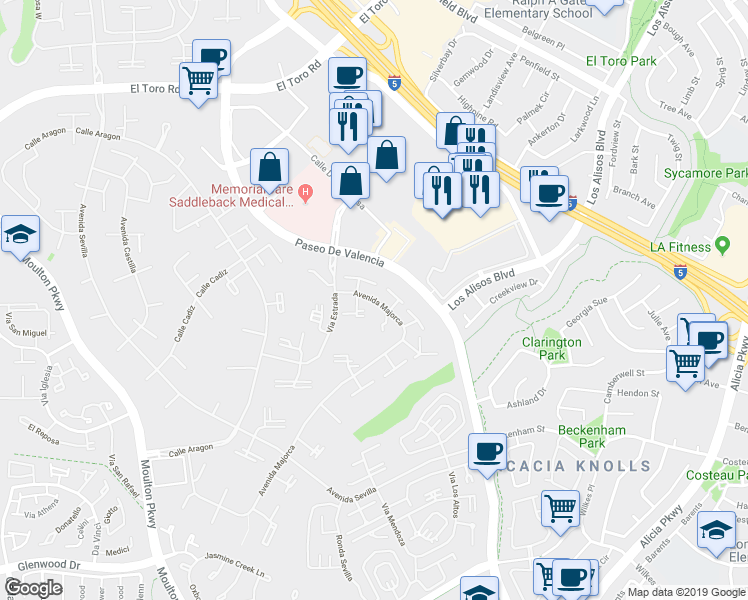 map of restaurants, bars, coffee shops, grocery stores, and more near 741 Avenida Majorca in Laguna Woods