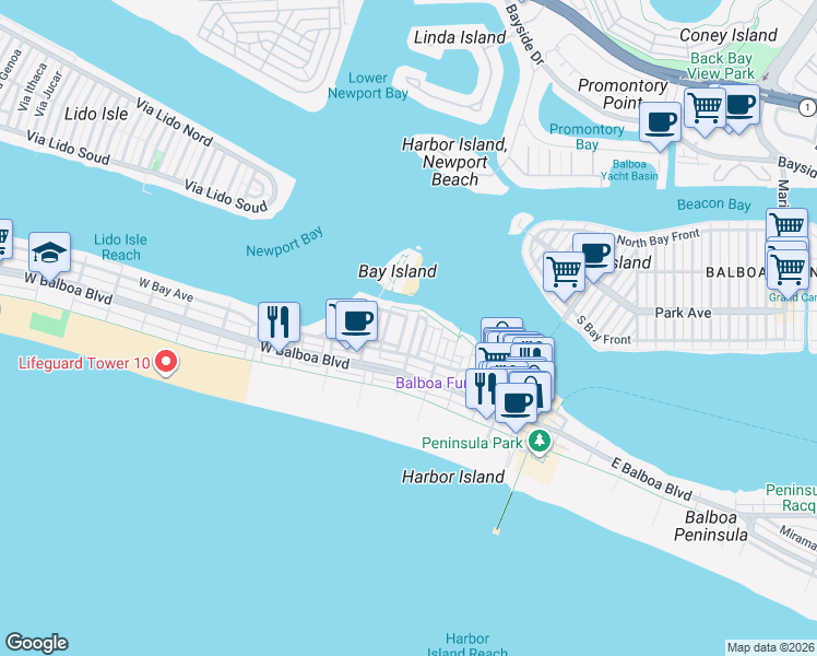 map of restaurants, bars, coffee shops, grocery stores, and more near 320 Montero Avenue in Newport Beach