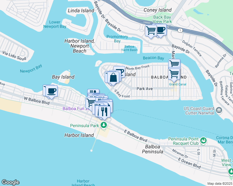 map of restaurants, bars, coffee shops, grocery stores, and more near 512 South Bay Front in Newport Beach