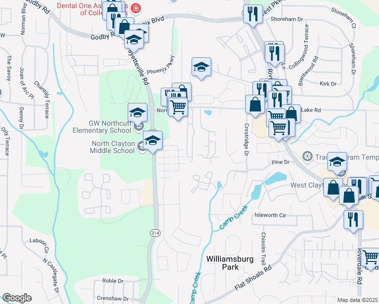 map of restaurants, bars, coffee shops, grocery stores, and more near 5505 Park Place South in Atlanta
