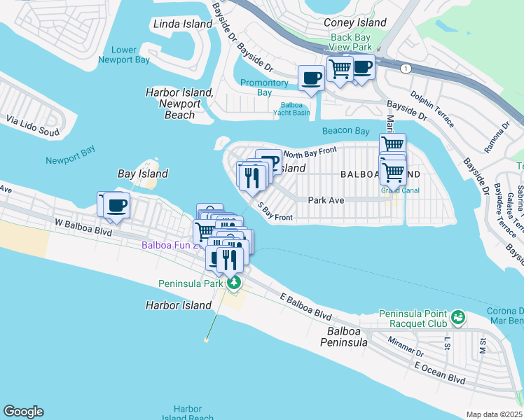 map of restaurants, bars, coffee shops, grocery stores, and more near 512 South Bay Front in Newport Beach