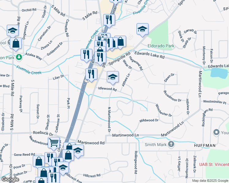 map of restaurants, bars, coffee shops, grocery stores, and more near 969 North Martinwood Drive in Birmingham