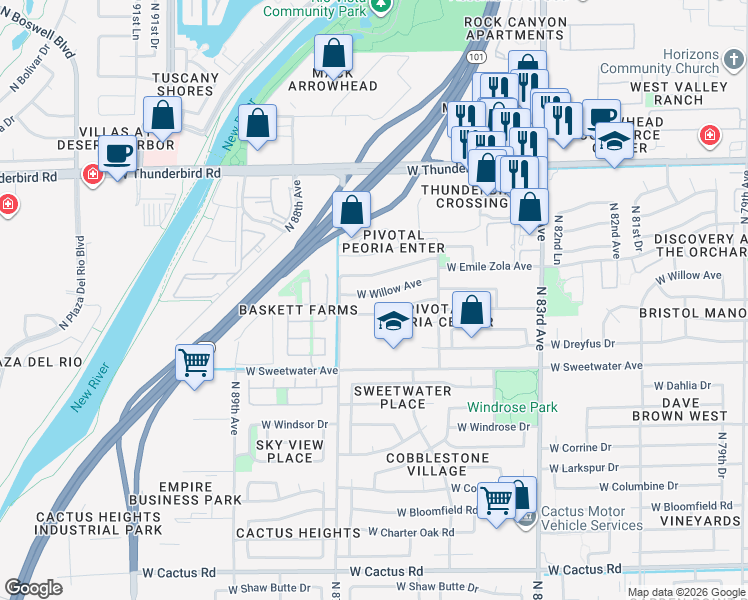 map of restaurants, bars, coffee shops, grocery stores, and more near 8621 West Willow Avenue in Peoria