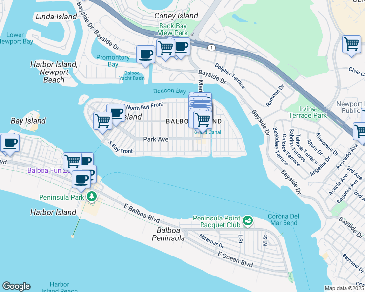 map of restaurants, bars, coffee shops, grocery stores, and more near 117 Amethyst Avenue in Newport Beach