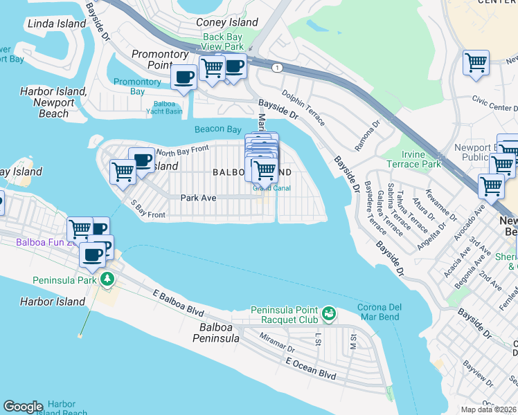 map of restaurants, bars, coffee shops, grocery stores, and more near 1404 South Bay Front in Newport Beach