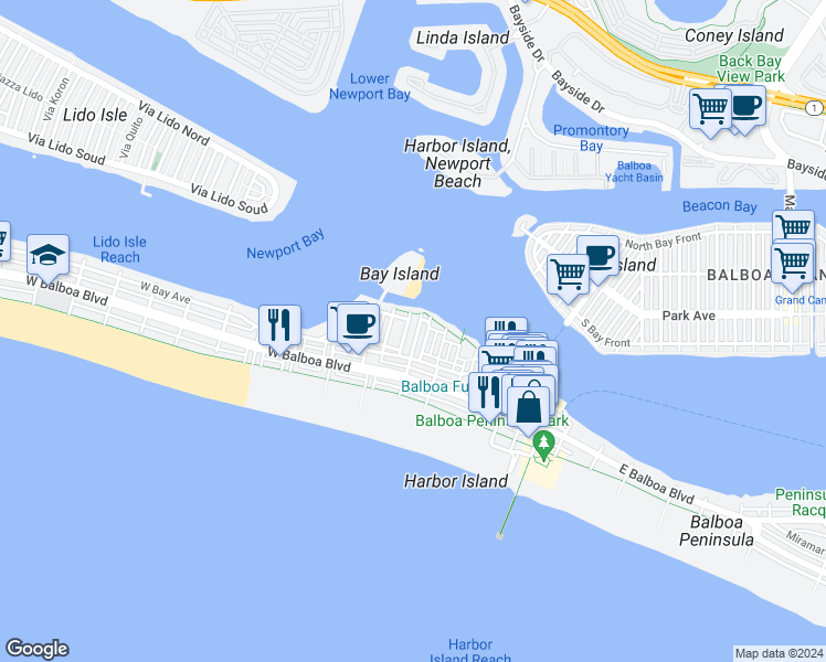 map of restaurants, bars, coffee shops, grocery stores, and more near 320 Montero Avenue in Newport Beach