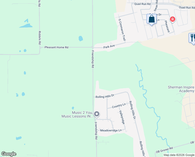 map of restaurants, bars, coffee shops, grocery stores, and more near 1915 South Friendship Road in Sherman